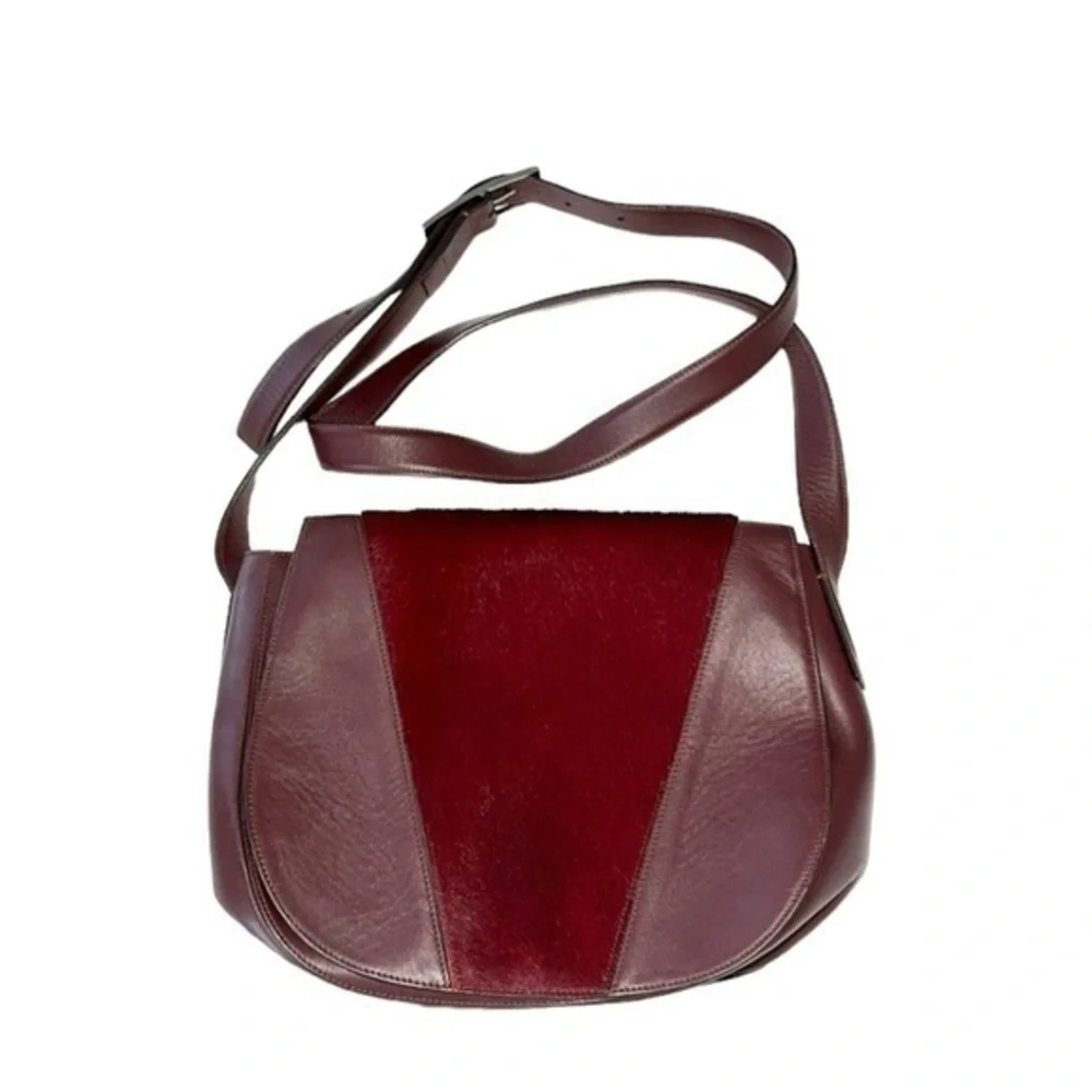 Vince‎ Maroon Burgundy Calf Hair Leather Rounded Crossbody Saddle Bag